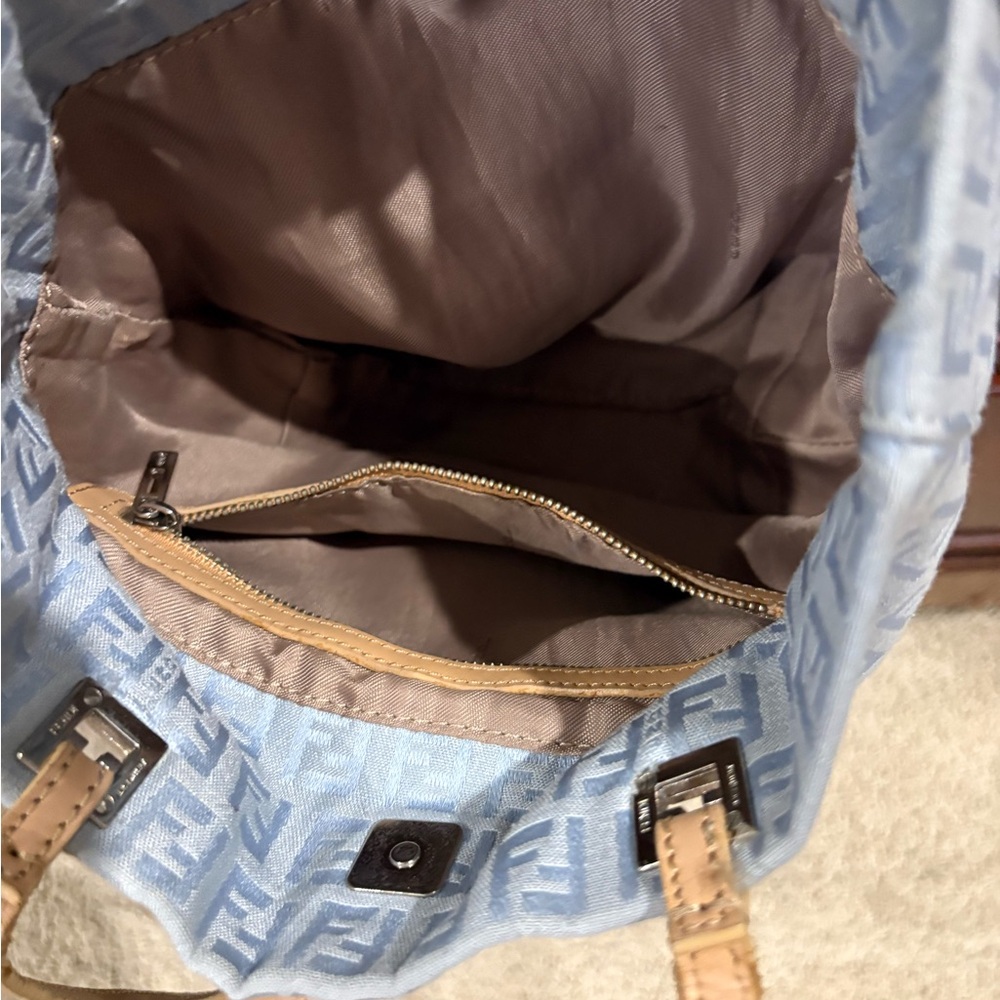 Fendi Light Blue FF Monogram Tote with Tan Leather Straps. - Picture 2 of 16
